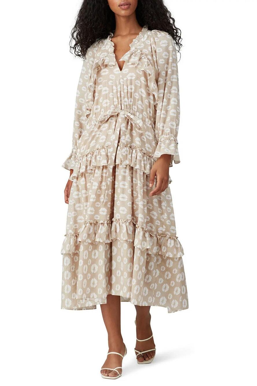 Hofmann Copenhagen Women's 8 Brown Berenice Tiered Ruffle Midi Dress Boho S3-8
